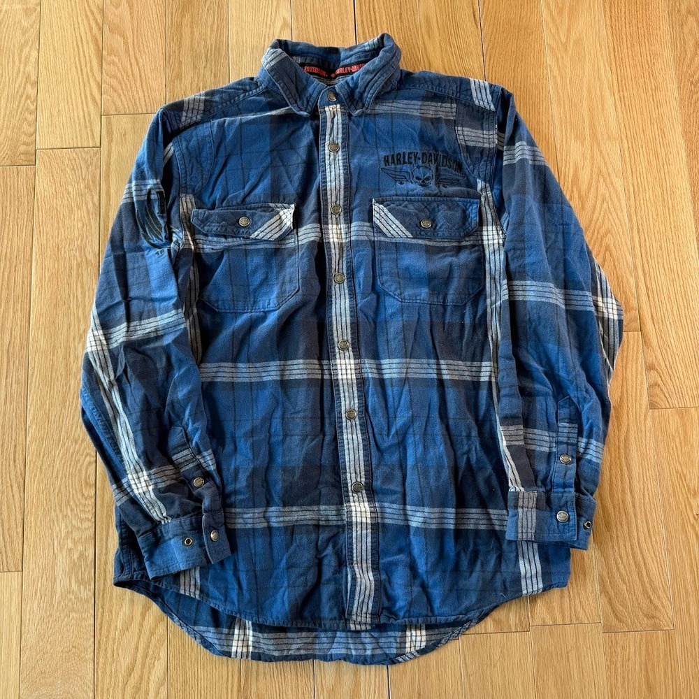 Harley Davidson Blue White Flannel Plaid Snap Shirt Skull Embroidery Mens Medium